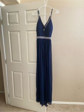 Navy Lace & Beaded Sequin Waist Evening Gown Prom Dress